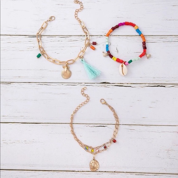 3 Pc Bead Shell + Tassel Bracelet Set - Picture 3 of 5